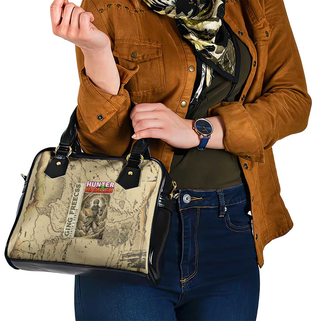 Ging Freecss Theme Desert Explorer Design Shoulder Handbag with Ancient Map Background and Adventure Card Artwork - The Mazicc