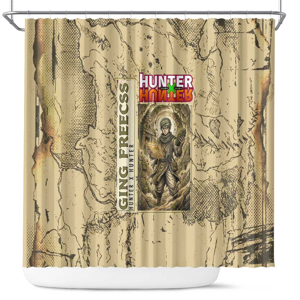 Ging Freecss Theme Desert Explorer Design Shower Curtain with Ancient Map Background and Adventure Card Artwork - The Mazicc