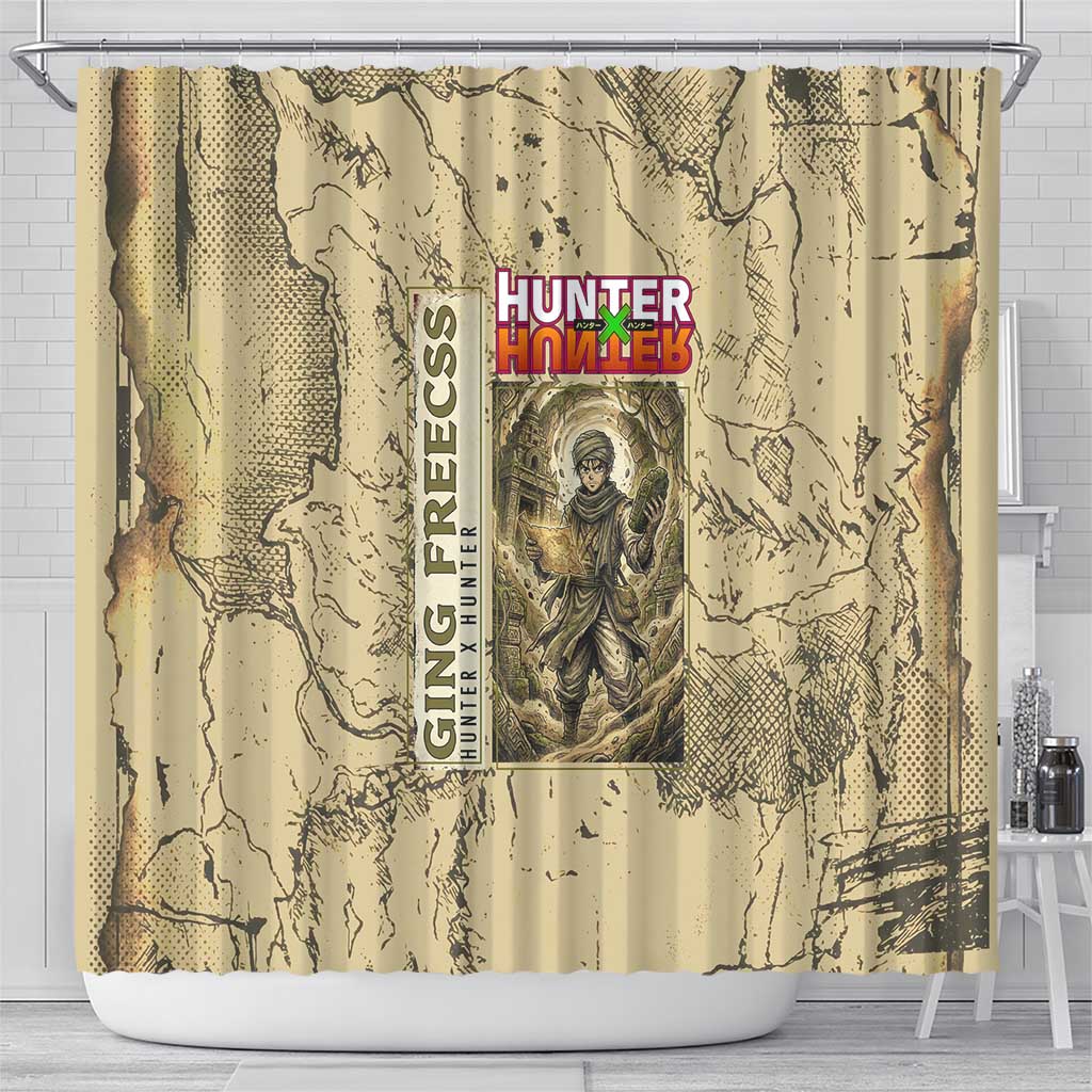 Ging Freecss Theme Desert Explorer Design Shower Curtain with Ancient Map Background and Adventure Card Artwork - The Mazicc