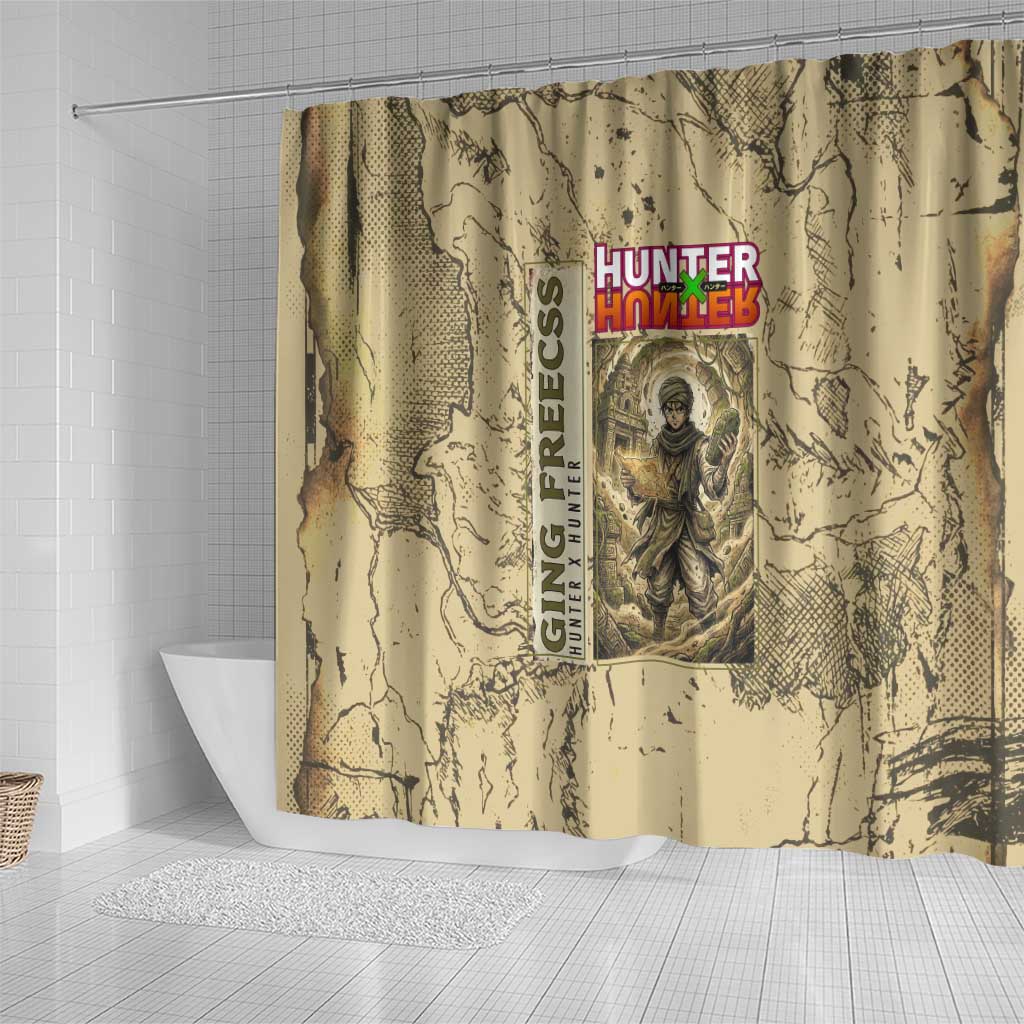 Ging Freecss Theme Desert Explorer Design Shower Curtain with Ancient Map Background and Adventure Card Artwork - The Mazicc