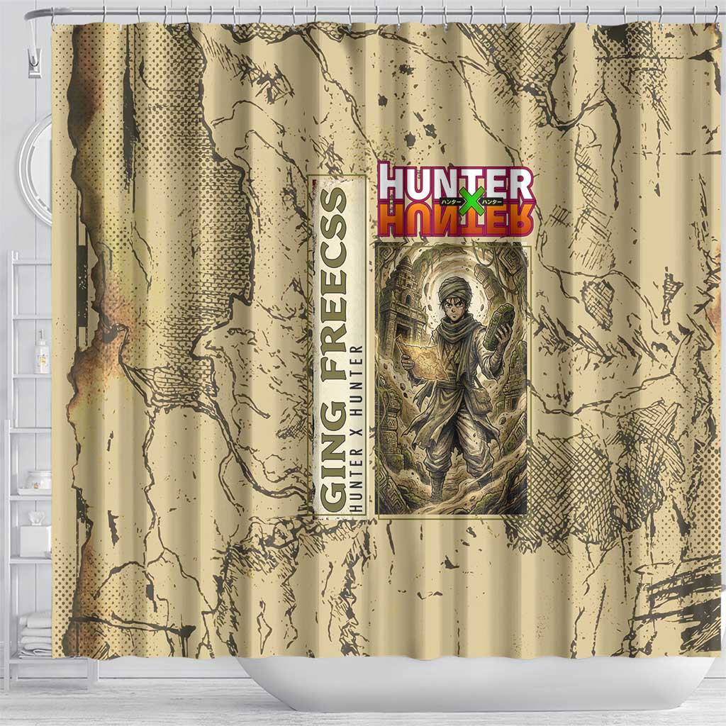 Ging Freecss Theme Desert Explorer Design Shower Curtain with Ancient Map Background and Adventure Card Artwork - The Mazicc
