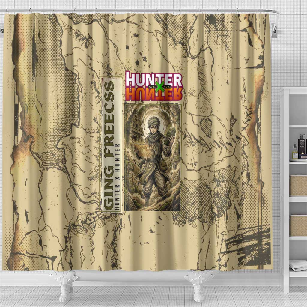 Ging Freecss Theme Desert Explorer Design Shower Curtain with Ancient Map Background and Adventure Card Artwork - The Mazicc
