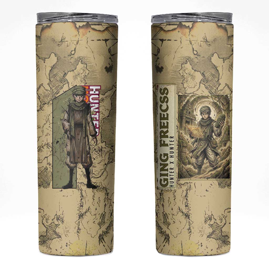 Ging Freecss Theme Desert Explorer Design Skinny Tumbler with Ancient Map Background and Adventure Card Artwork - The Mazicc