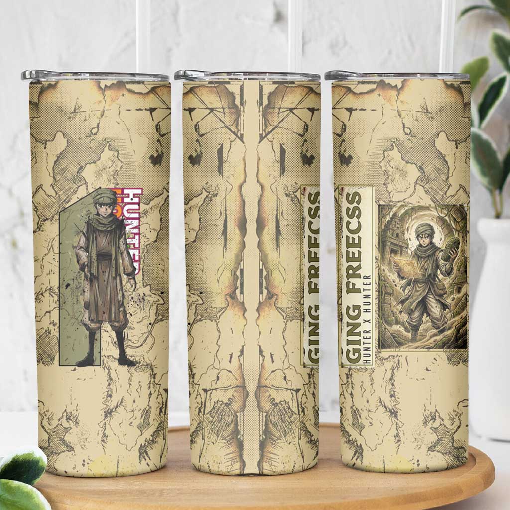 Ging Freecss Theme Desert Explorer Design Skinny Tumbler with Ancient Map Background and Adventure Card Artwork - The Mazicc