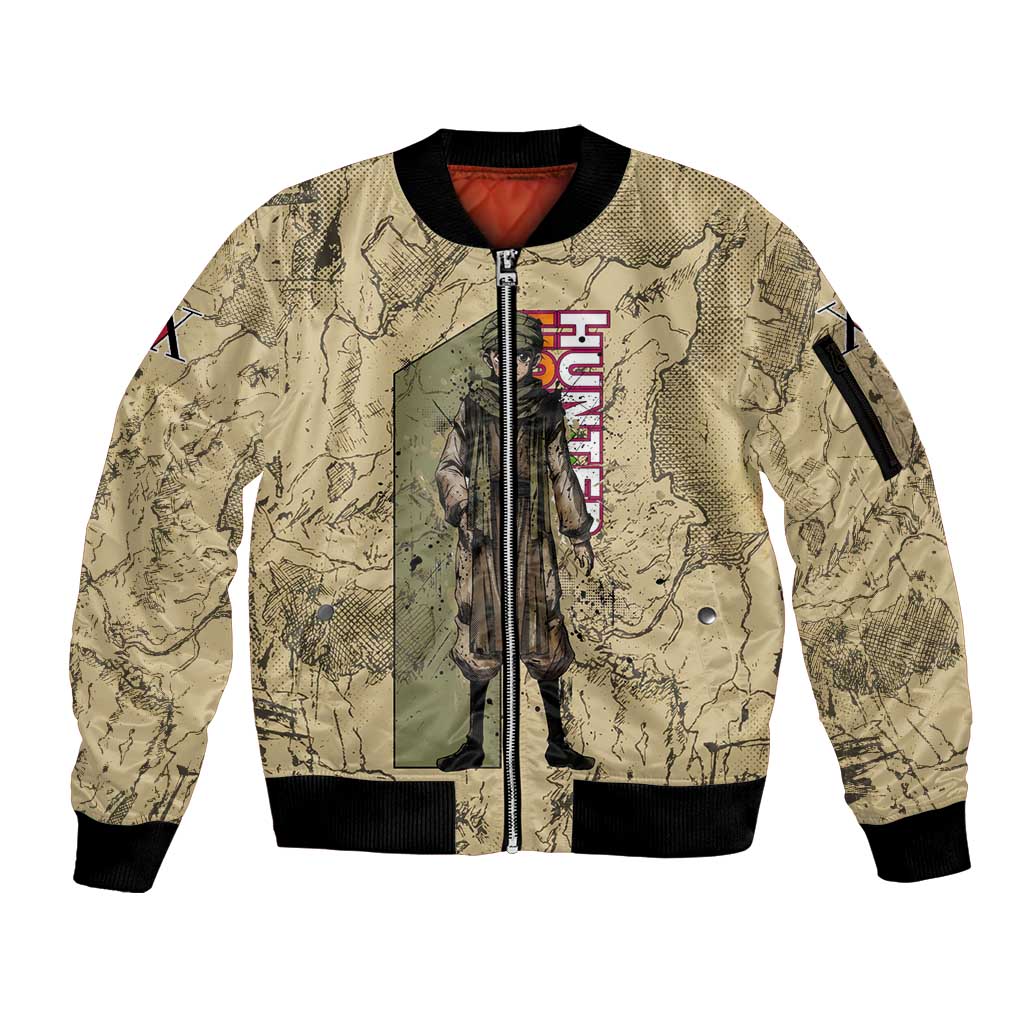 Ging Freecss Theme Desert Explorer Design Sleeve Zip Bomber Jacket with Ancient Map Background and Adventure Card Artwork - The Mazicc
