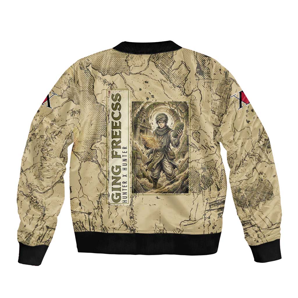 Ging Freecss Theme Desert Explorer Design Sleeve Zip Bomber Jacket with Ancient Map Background and Adventure Card Artwork - The Mazicc