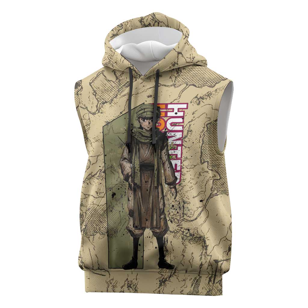 Ging Freecss Theme Desert Explorer Design Sleeveless Hoodie with Ancient Map Background and Adventure Card Artwork - The Mazicc