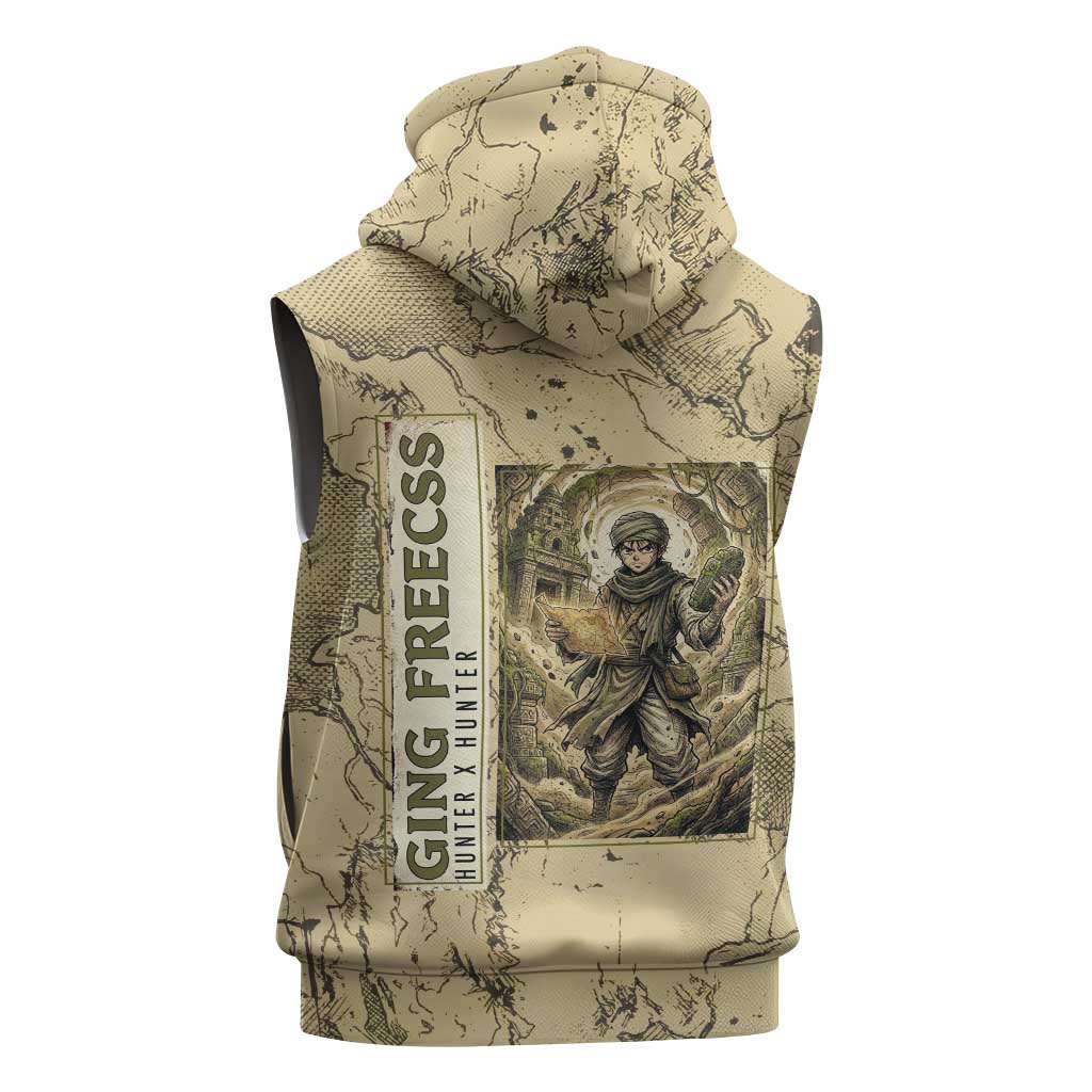 Ging Freecss Theme Desert Explorer Design Sleeveless Hoodie with Ancient Map Background and Adventure Card Artwork - The Mazicc
