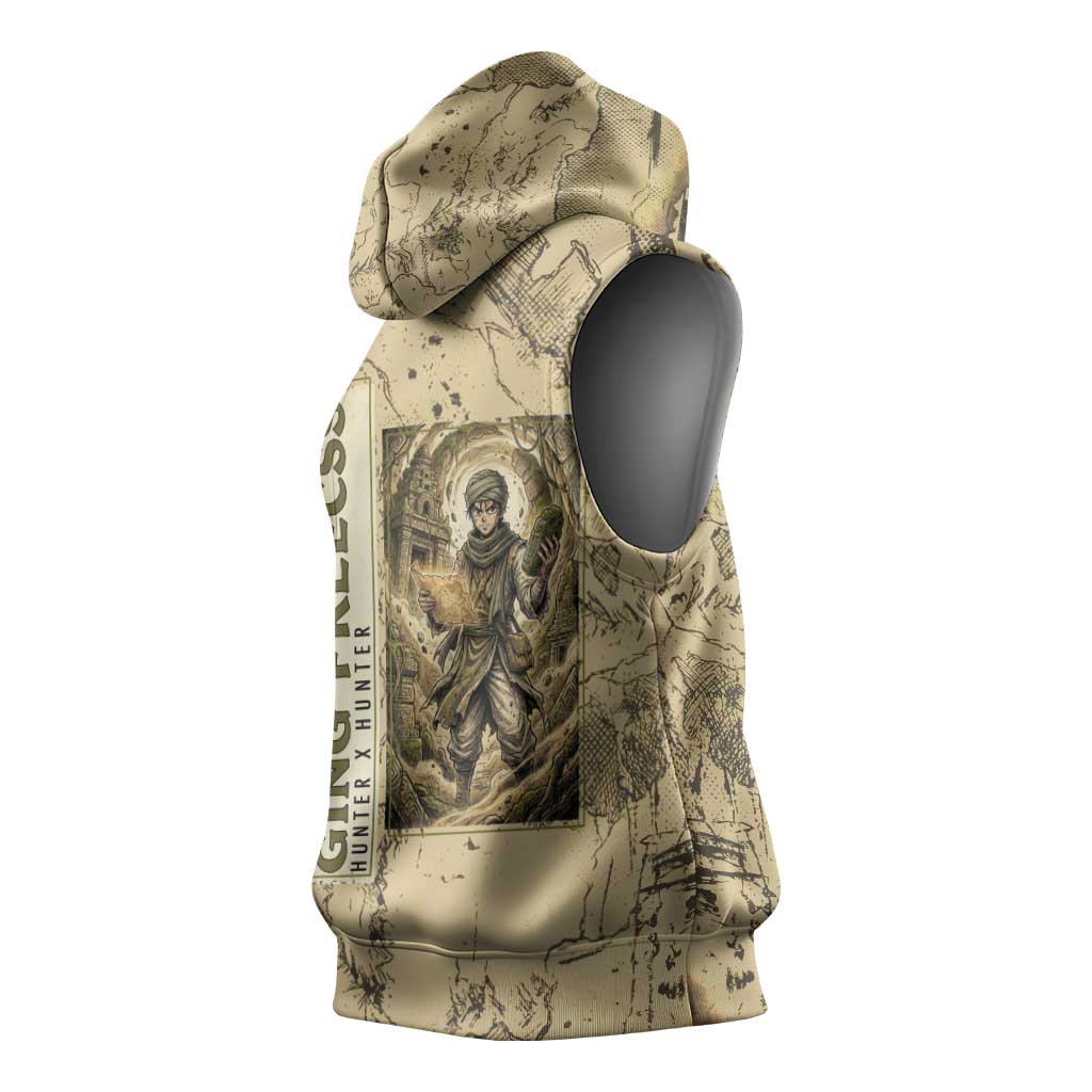 Ging Freecss Theme Desert Explorer Design Sleeveless Hoodie with Ancient Map Background and Adventure Card Artwork - The Mazicc