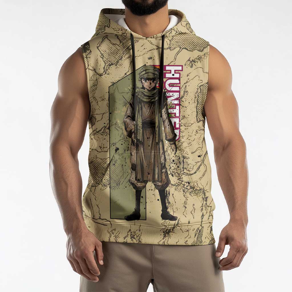 Ging Freecss Theme Desert Explorer Design Sleeveless Hoodie with Ancient Map Background and Adventure Card Artwork - The Mazicc