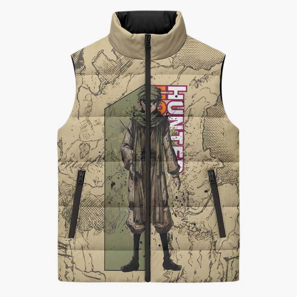 Ging Freecss Theme Desert Explorer Design Sleeveless Puffer Jacket with Ancient Map Background and Adventure Card Artwork - The Mazicc