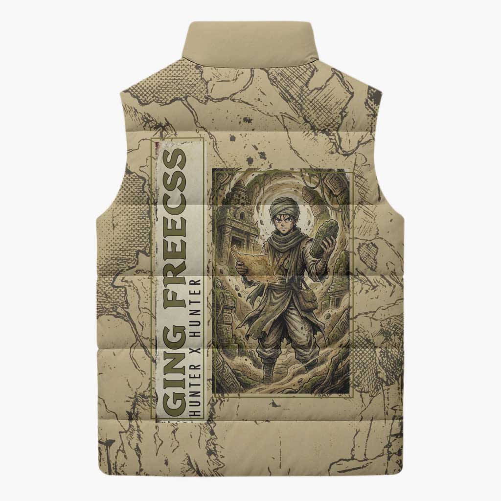 Ging Freecss Theme Desert Explorer Design Sleeveless Puffer Jacket with Ancient Map Background and Adventure Card Artwork - The Mazicc