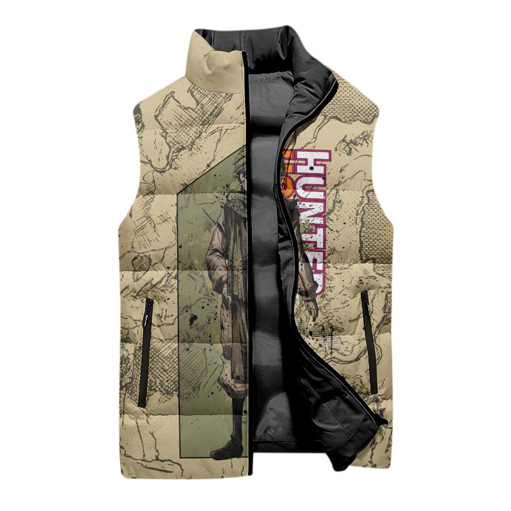 Ging Freecss Theme Desert Explorer Design Sleeveless Puffer Jacket with Ancient Map Background and Adventure Card Artwork - The Mazicc