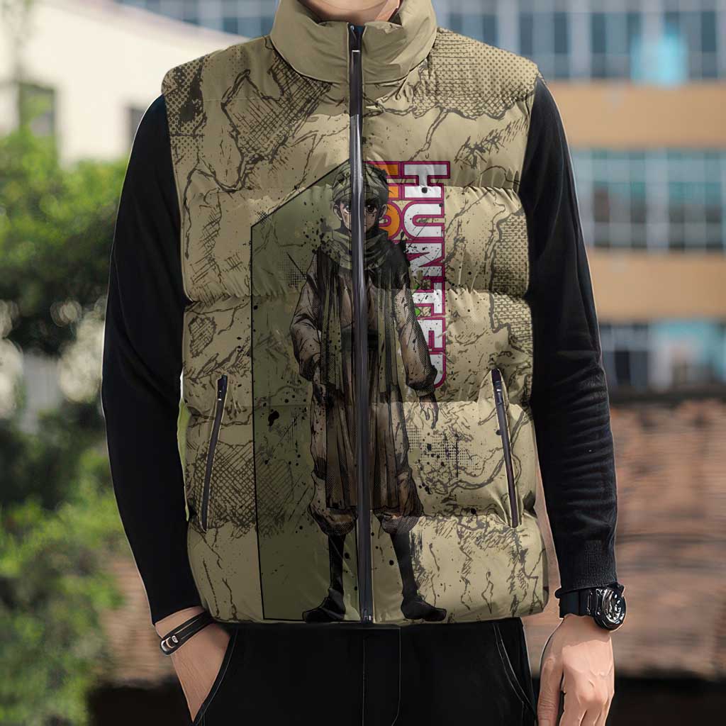 Ging Freecss Theme Desert Explorer Design Sleeveless Puffer Jacket with Ancient Map Background and Adventure Card Artwork - The Mazicc