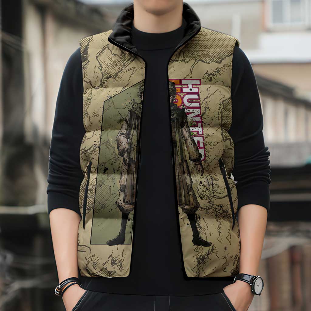 Ging Freecss Theme Desert Explorer Design Sleeveless Puffer Jacket with Ancient Map Background and Adventure Card Artwork - The Mazicc