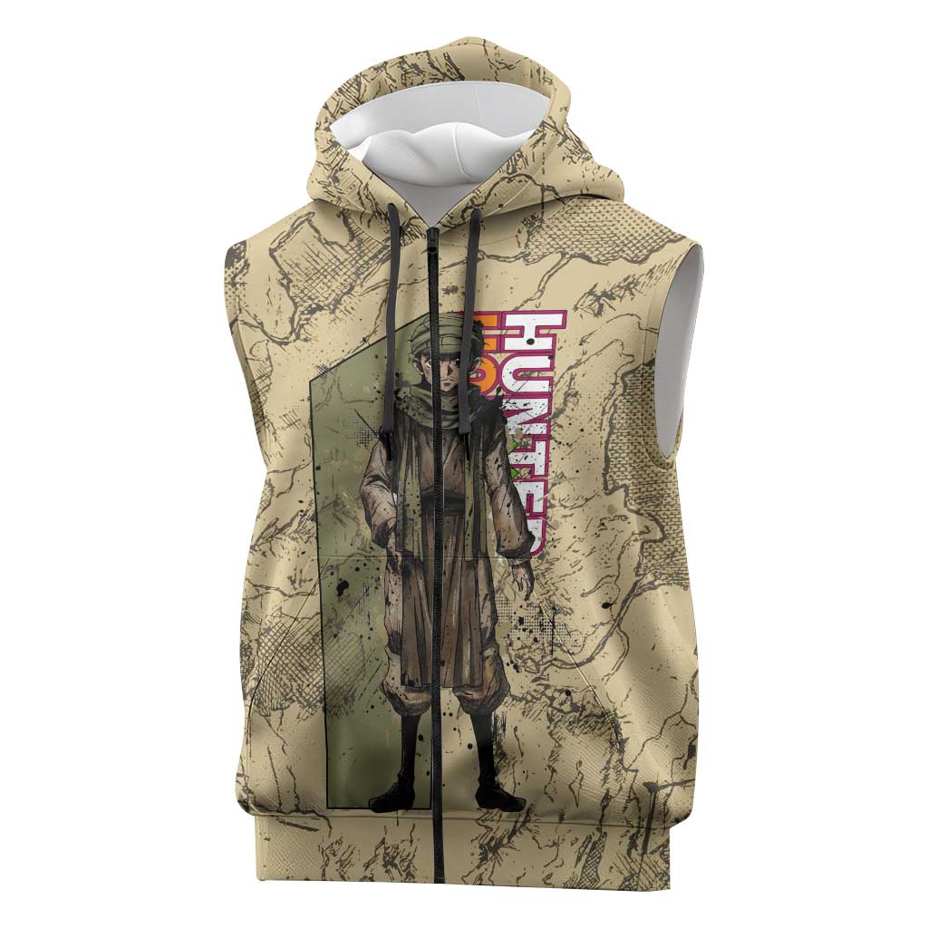 Ging Freecss Theme Desert Explorer Design Sleeveless Zip Hoodie with Ancient Map Background and Adventure Card Artwork - The Mazicc
