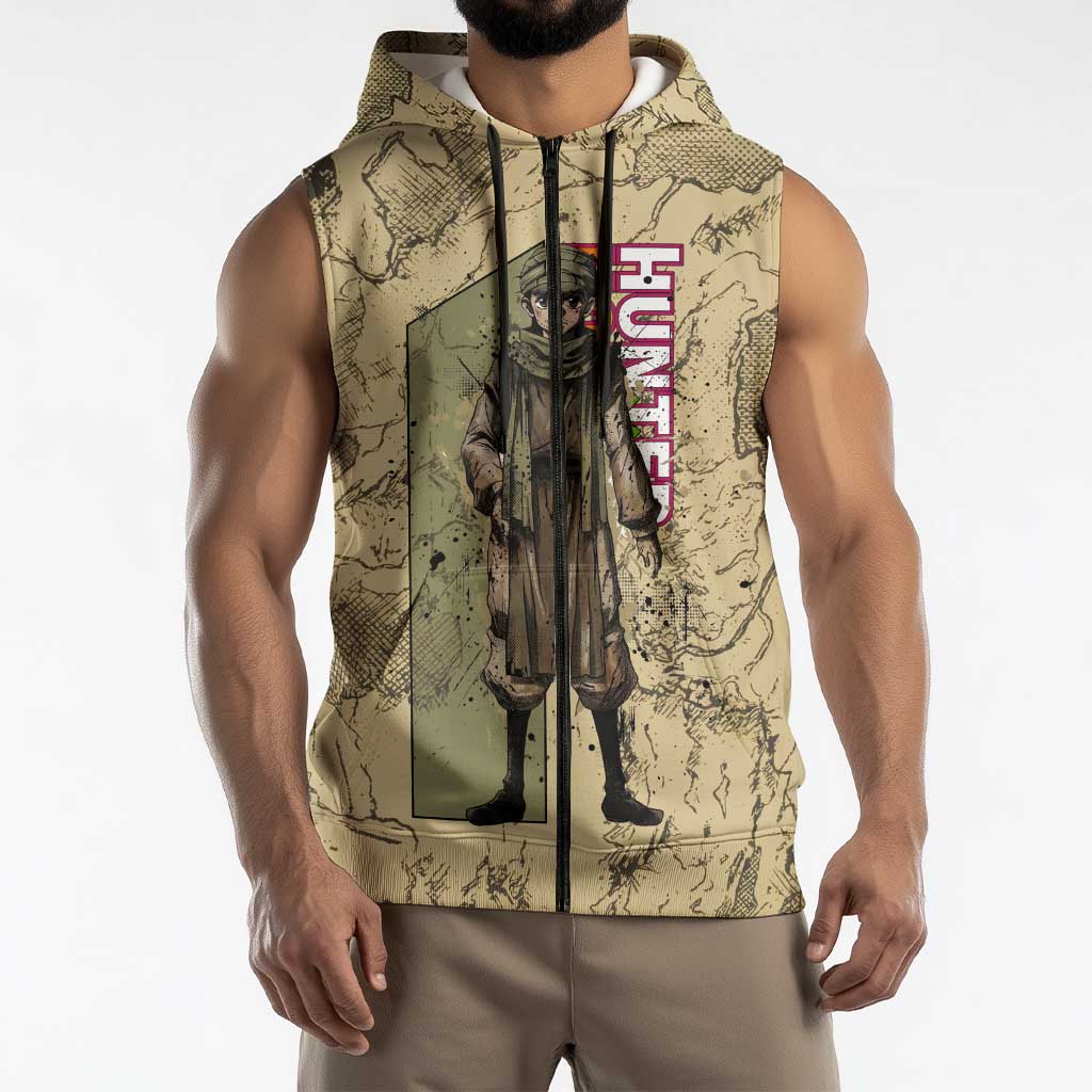 Ging Freecss Theme Desert Explorer Design Sleeveless Zip Hoodie with Ancient Map Background and Adventure Card Artwork - The Mazicc