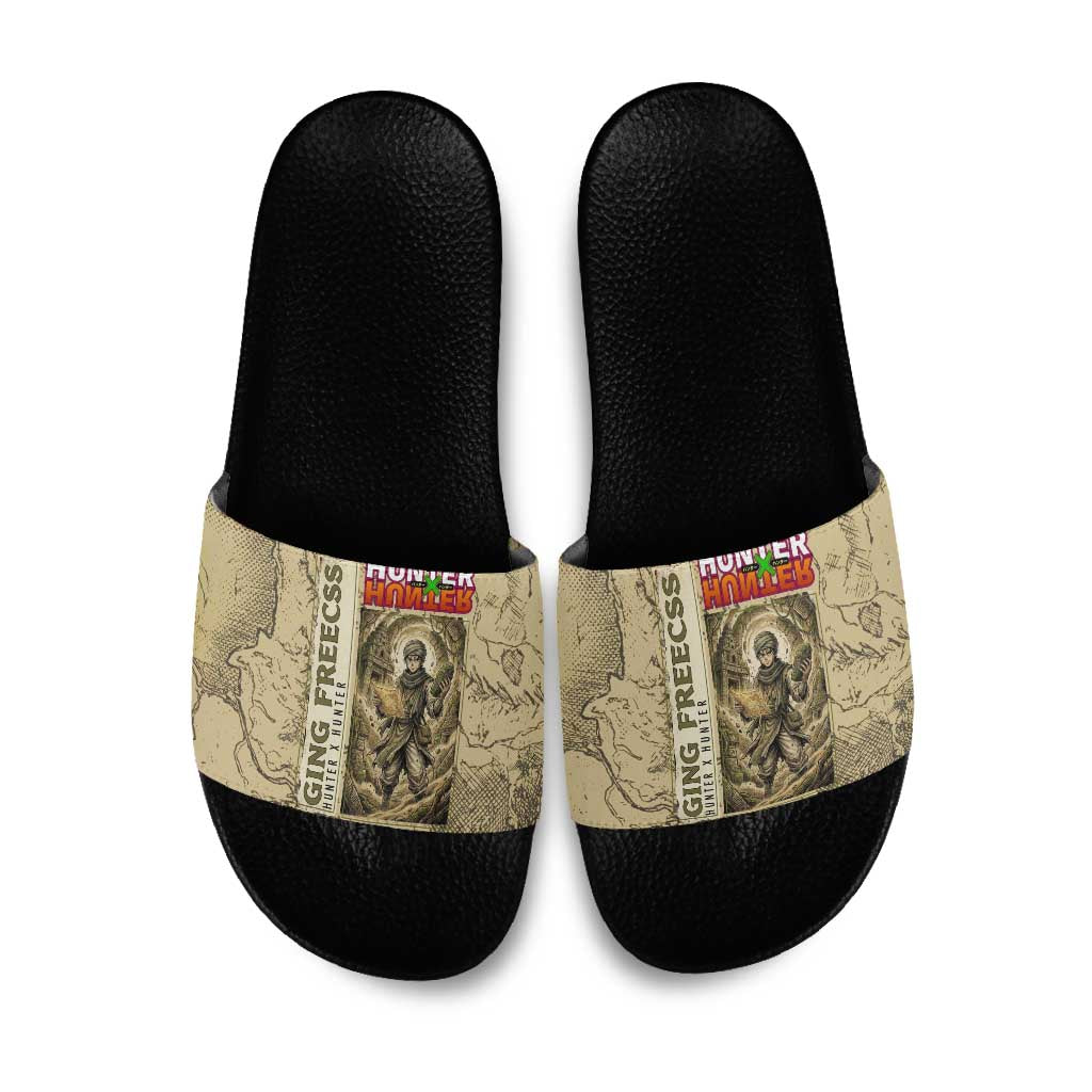 Ging Freecss Theme Desert Explorer Design Slide Sandals with Ancient Map Background and Adventure Card Artwork - The Mazicc