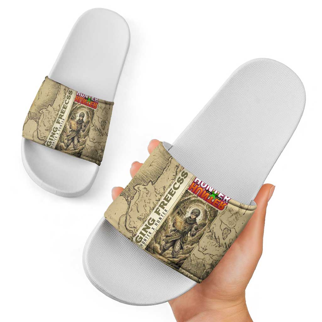 Ging Freecss Theme Desert Explorer Design Slide Sandals with Ancient Map Background and Adventure Card Artwork - The Mazicc