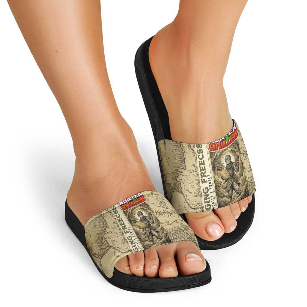 Ging Freecss Theme Desert Explorer Design Slide Sandals with Ancient Map Background and Adventure Card Artwork - The Mazicc
