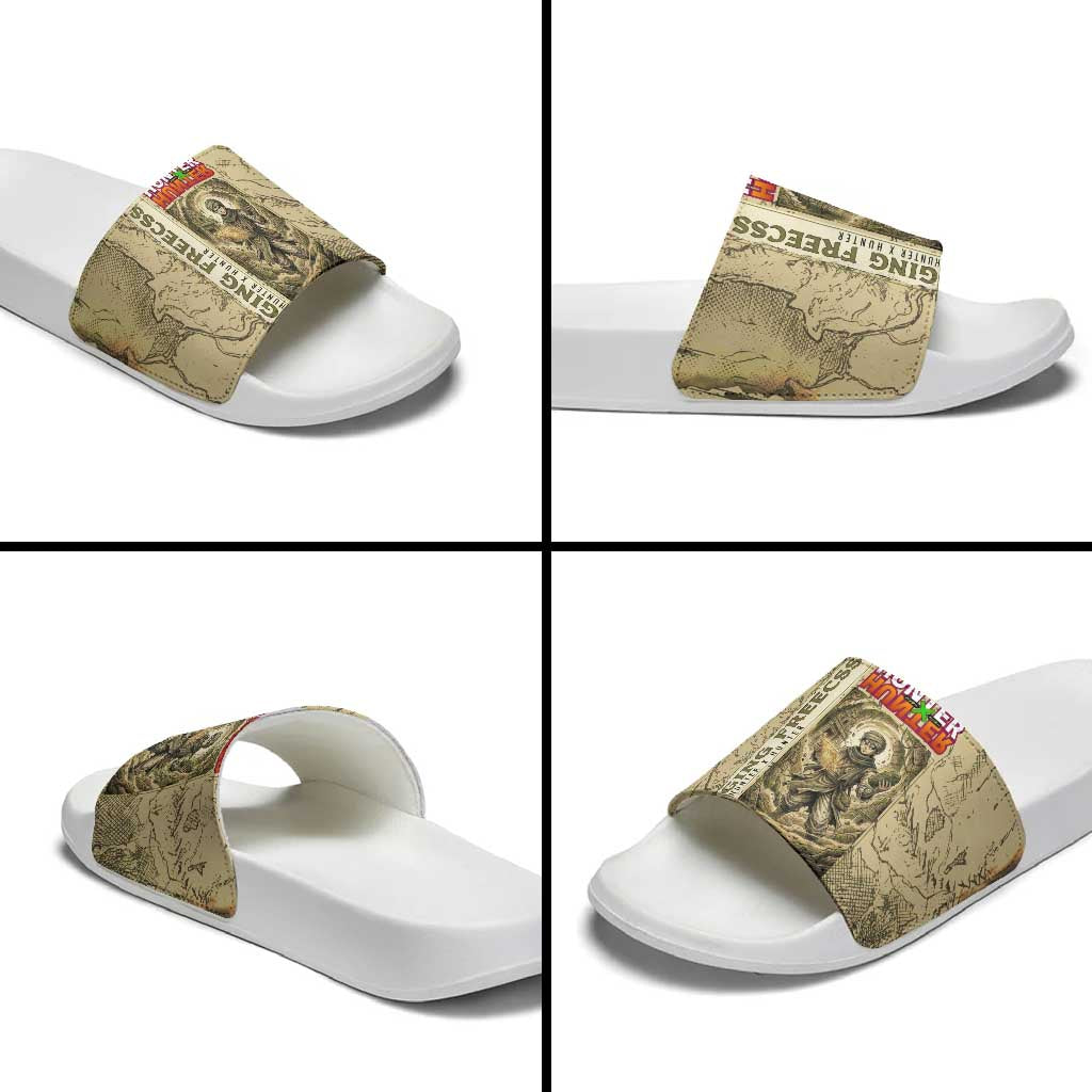 Ging Freecss Theme Desert Explorer Design Slide Sandals with Ancient Map Background and Adventure Card Artwork - The Mazicc