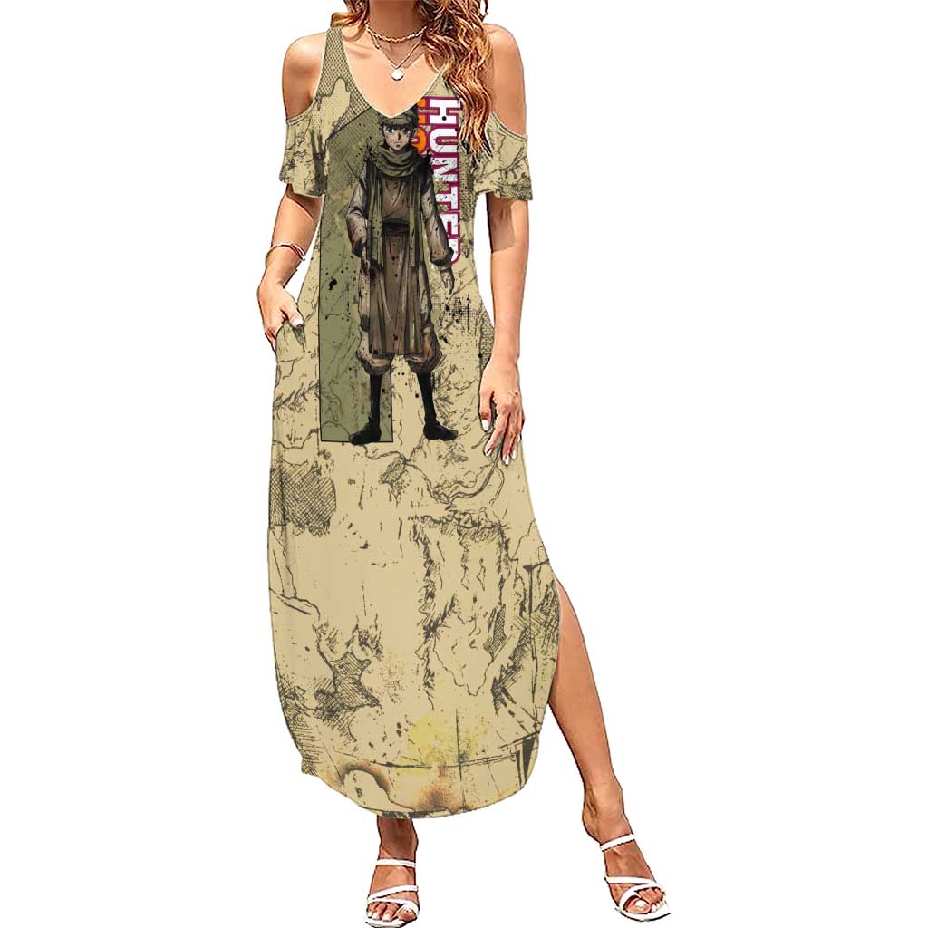 Ging Freecss Theme Desert Explorer Design Summer Maxi Dress with Ancient Map Background and Adventure Card Artwork - The Mazicc