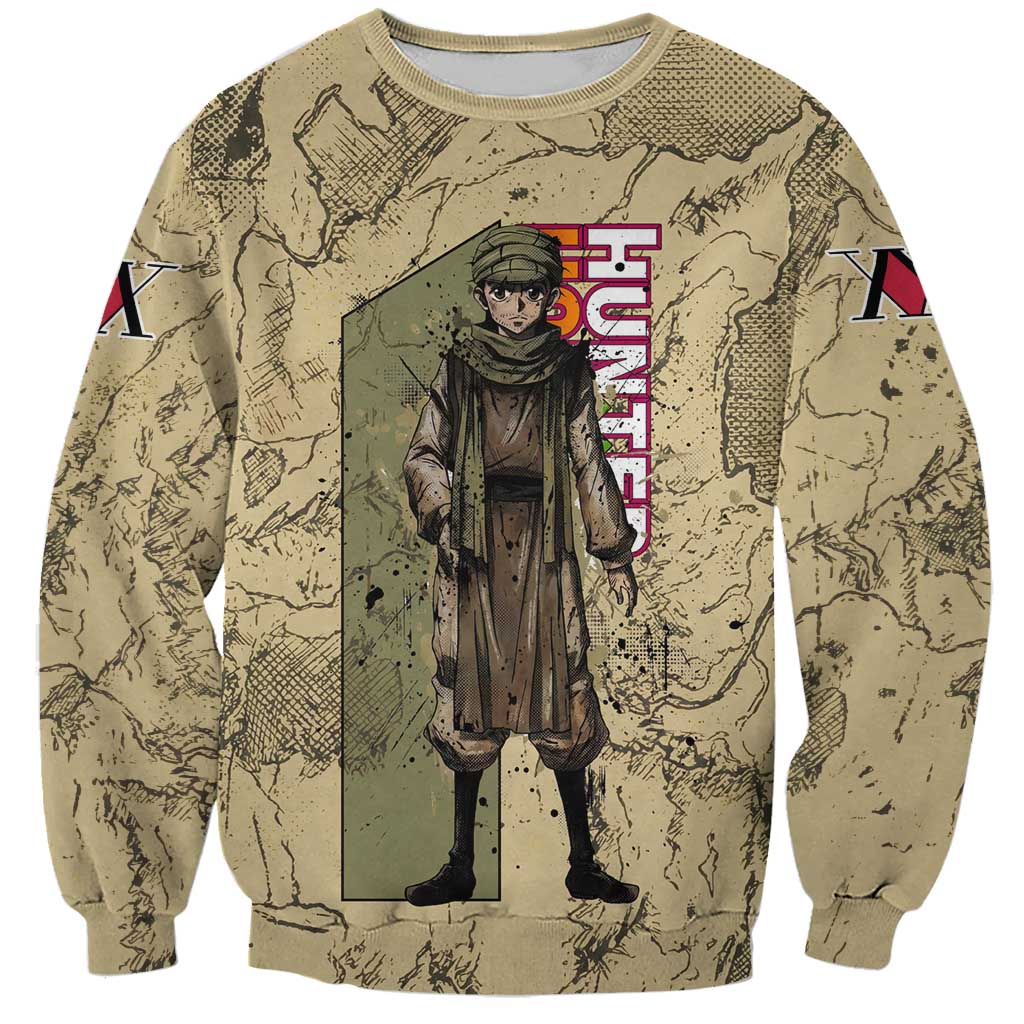 Ging Freecss Theme Desert Explorer Design Sweatshirt with Ancient Map Background and Adventure Card Artwork - The Mazicc