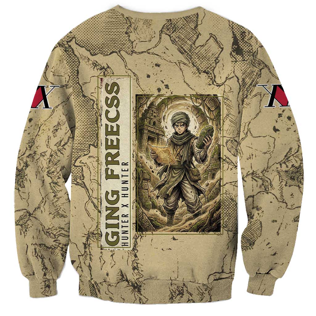 Ging Freecss Theme Desert Explorer Design Sweatshirt with Ancient Map Background and Adventure Card Artwork - The Mazicc