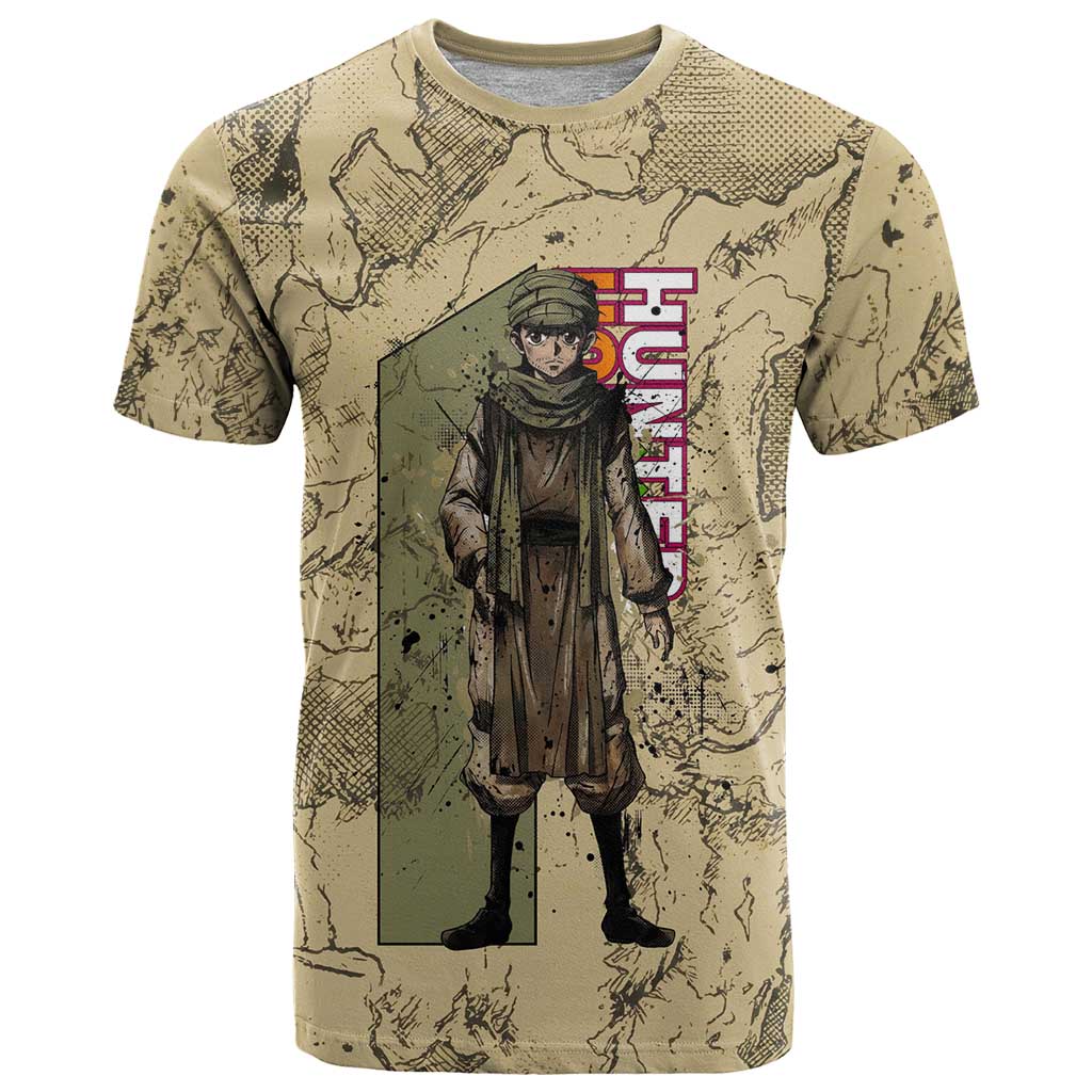 Ging Freecss Theme Desert Explorer Design T Shirt with Ancient Map Background and Adventure Card Artwork - The Mazicc