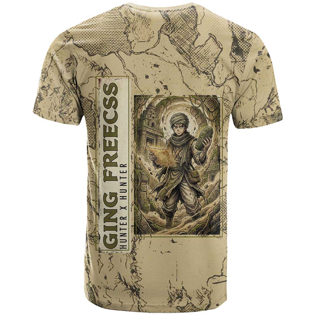 Ging Freecss Theme Desert Explorer Design T Shirt with Ancient Map Background and Adventure Card Artwork - The Mazicc