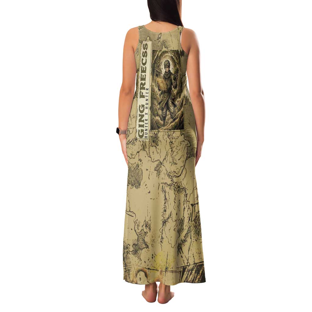 Ging Freecss Theme Desert Explorer Design Tank Maxi Dress with Ancient Map Background and Adventure Card Artwork - The Mazicc