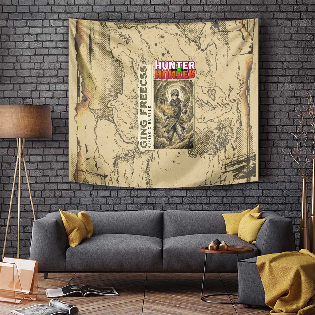 Ging Freecss Theme Desert Explorer Design Tapestry with Ancient Map Background and Adventure Card Artwork - The Mazicc