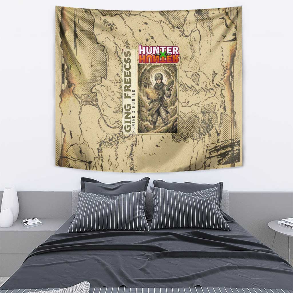 Ging Freecss Theme Desert Explorer Design Tapestry with Ancient Map Background and Adventure Card Artwork - The Mazicc
