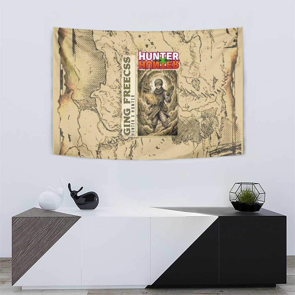 Ging Freecss Theme Desert Explorer Design Tapestry with Ancient Map Background and Adventure Card Artwork - The Mazicc