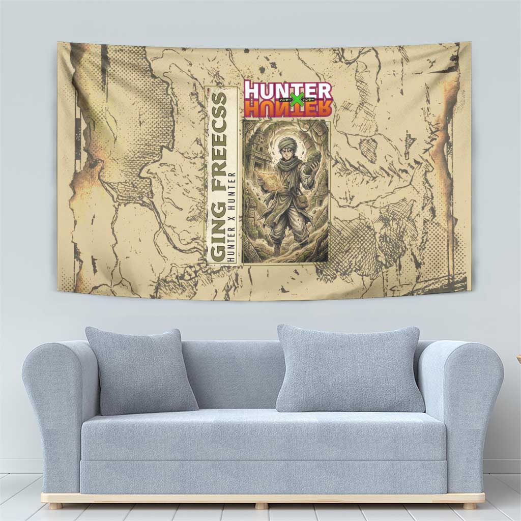 Ging Freecss Theme Desert Explorer Design Tapestry with Ancient Map Background and Adventure Card Artwork - The Mazicc
