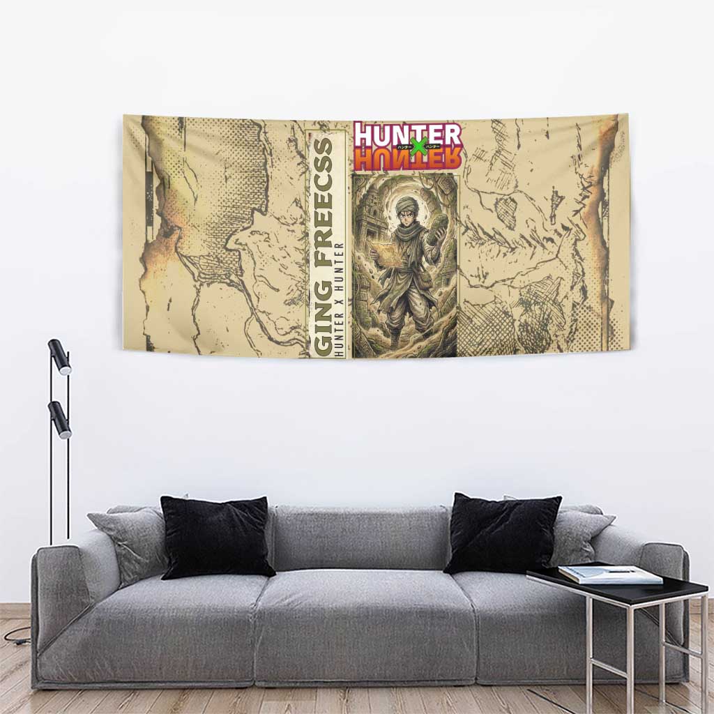 Ging Freecss Theme Desert Explorer Design Tapestry with Ancient Map Background and Adventure Card Artwork - The Mazicc