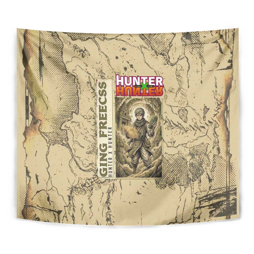 Ging Freecss Theme Desert Explorer Design Tapestry with Ancient Map Background and Adventure Card Artwork - The Mazicc