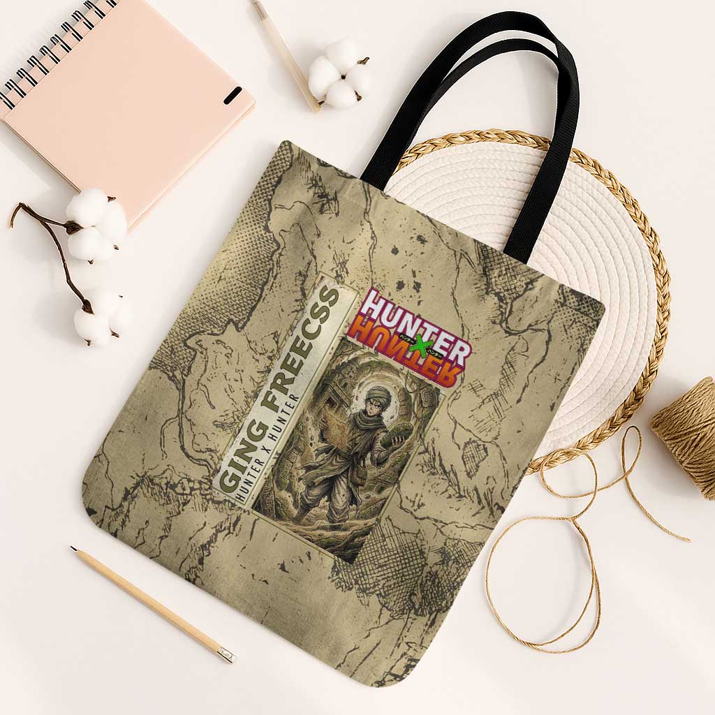 Ging Freecss Theme Desert Explorer Design Tote Bag with Ancient Map Background and Adventure Card Artwork - The Mazicc
