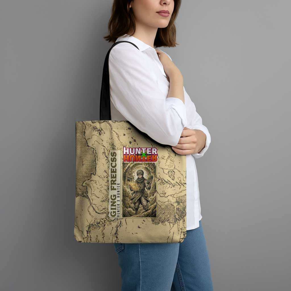 Ging Freecss Theme Desert Explorer Design Tote Bag with Ancient Map Background and Adventure Card Artwork - The Mazicc