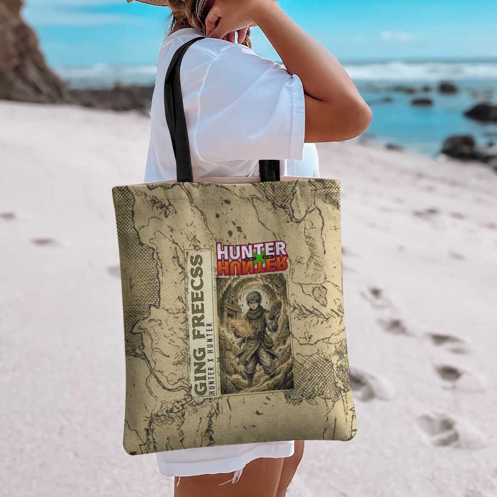 Ging Freecss Theme Desert Explorer Design Tote Bag with Ancient Map Background and Adventure Card Artwork - The Mazicc