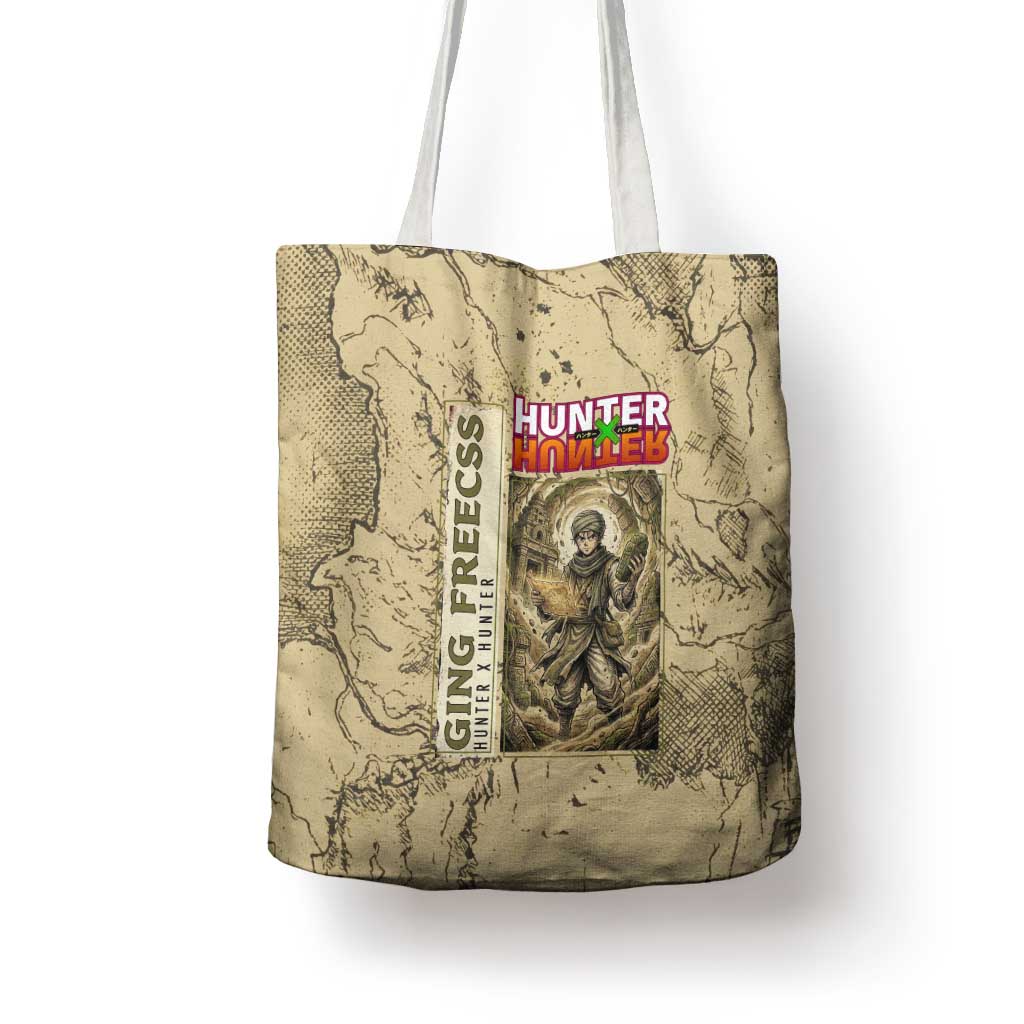 Ging Freecss Theme Desert Explorer Design Tote Bag with Ancient Map Background and Adventure Card Artwork - The Mazicc