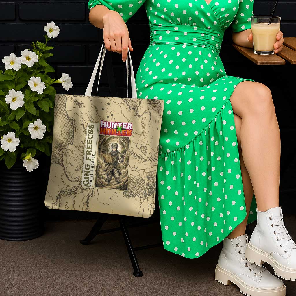 Ging Freecss Theme Desert Explorer Design Tote Bag with Ancient Map Background and Adventure Card Artwork - The Mazicc