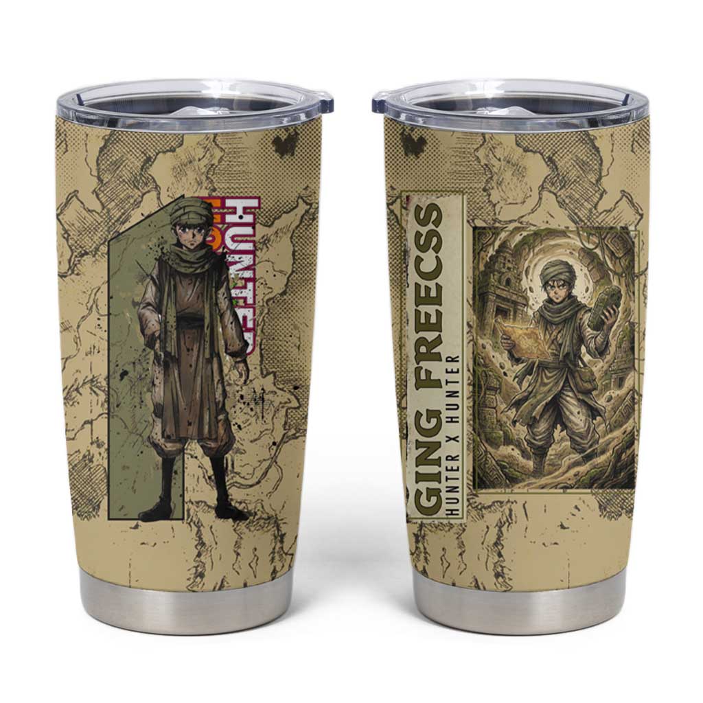 Ging Freecss Theme Desert Explorer Design Tumbler Cup with Ancient Map Background and Adventure Card Artwork - The Mazicc