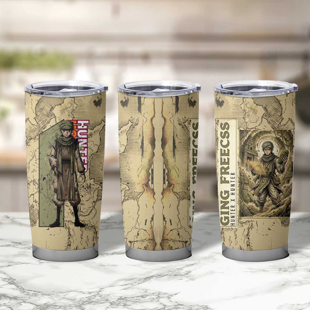 Ging Freecss Theme Desert Explorer Design Tumbler Cup with Ancient Map Background and Adventure Card Artwork - The Mazicc