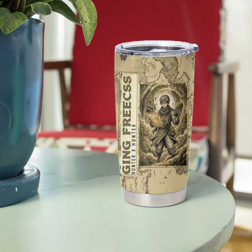 Ging Freecss Theme Desert Explorer Design Tumbler Cup with Ancient Map Background and Adventure Card Artwork - The Mazicc