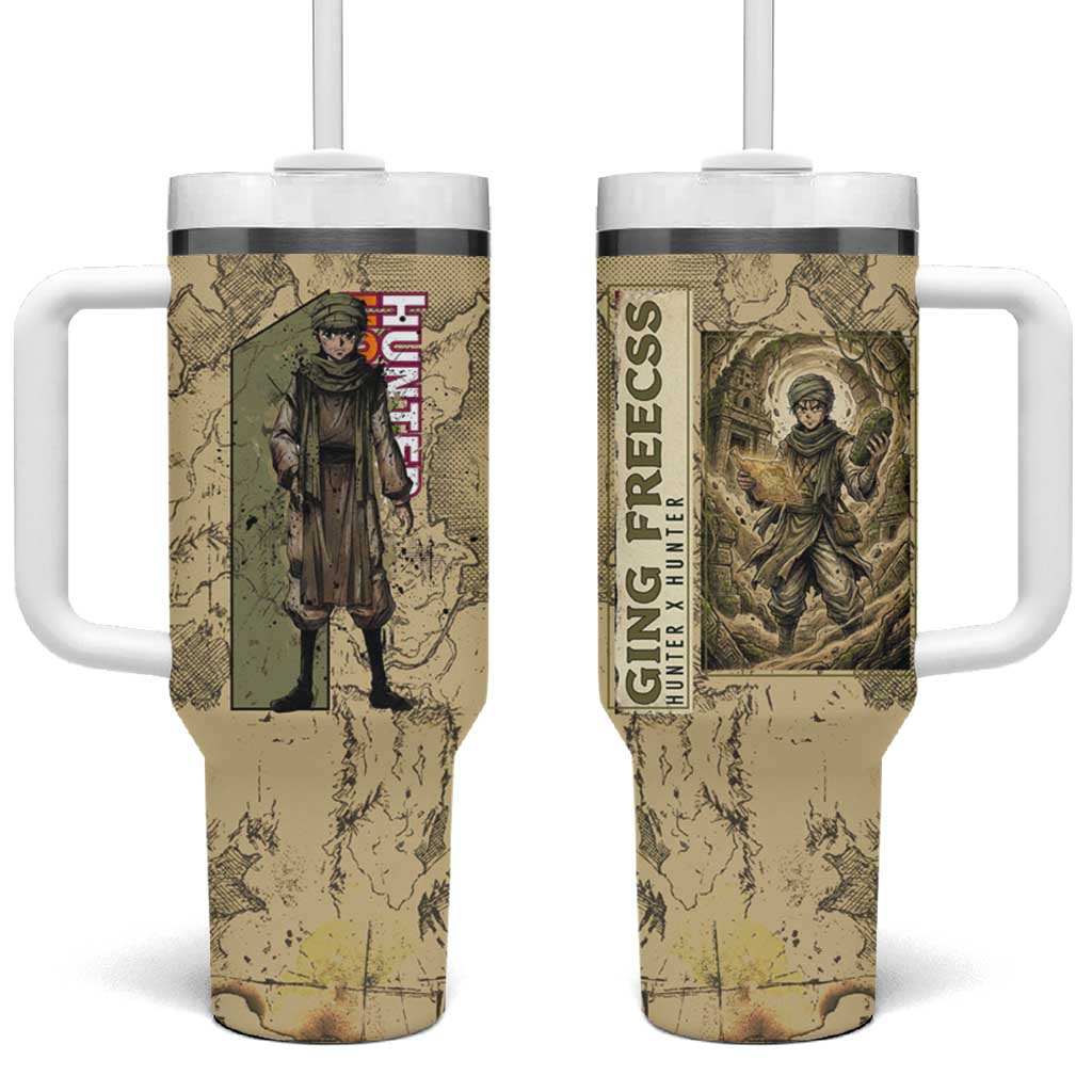 Ging Freecss Theme Desert Explorer Design Tumbler With Handle with Ancient Map Background and Adventure Card Artwork - The Mazicc