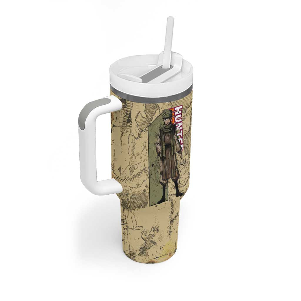 Ging Freecss Theme Desert Explorer Design Tumbler With Handle with Ancient Map Background and Adventure Card Artwork - The Mazicc