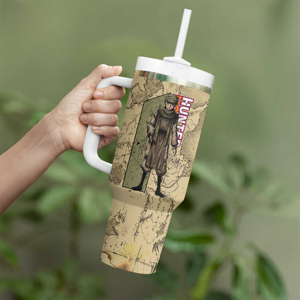 Ging Freecss Theme Desert Explorer Design Tumbler With Handle with Ancient Map Background and Adventure Card Artwork - The Mazicc