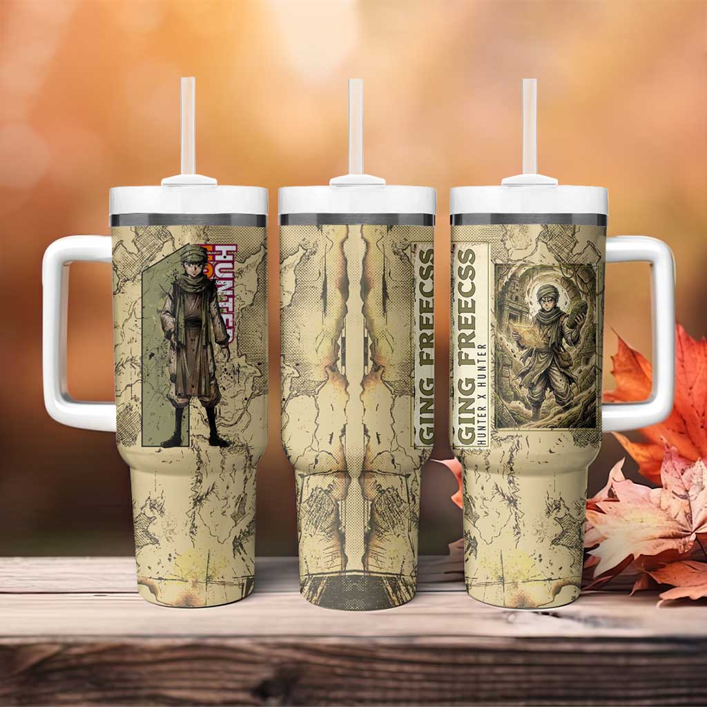 Ging Freecss Theme Desert Explorer Design Tumbler With Handle with Ancient Map Background and Adventure Card Artwork - The Mazicc