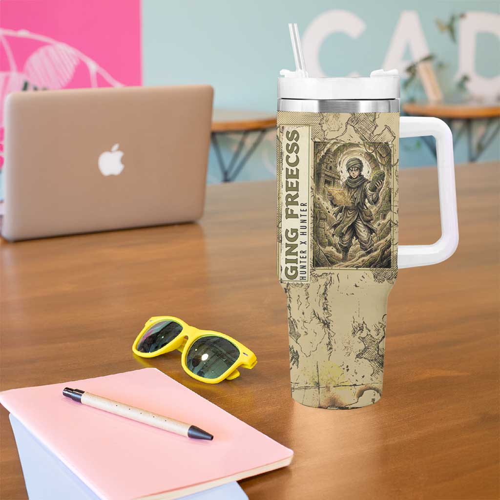 Ging Freecss Theme Desert Explorer Design Tumbler With Handle with Ancient Map Background and Adventure Card Artwork - The Mazicc